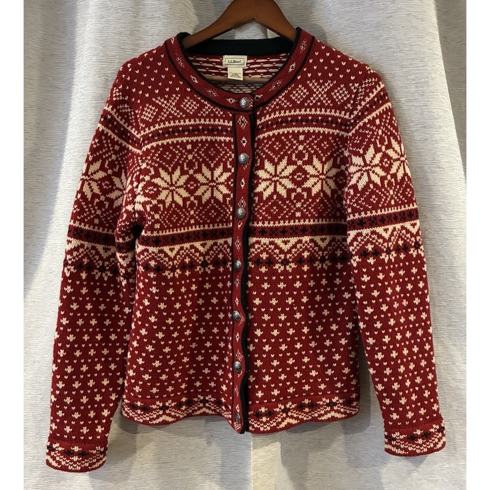 L.L. Bean Women's SZ Medium Nordic Fair Isle Snowflake Heavy Ski Carigan Wool